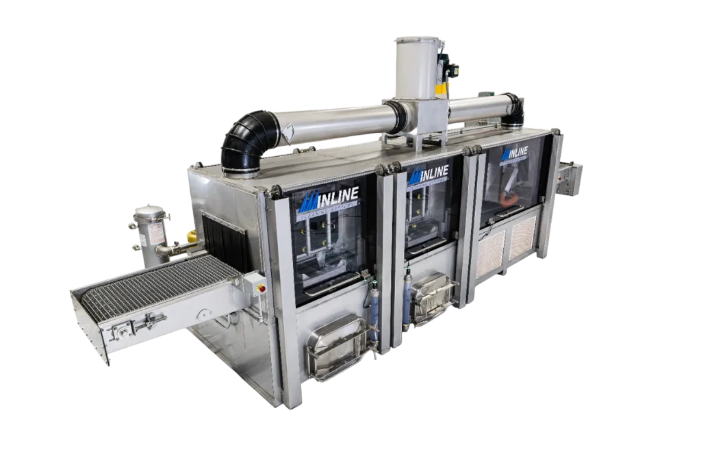 Inline Cleaning Systems ClearView 3-stage stainless steel conveyor parts washer features specialized clear viewing tunnels for industrial cleaning applicationsInline Cleaning Systems ClearView 3-stage stainless steel conveyor parts washer features specialized clear viewing tunnels for industrial cleaning applications